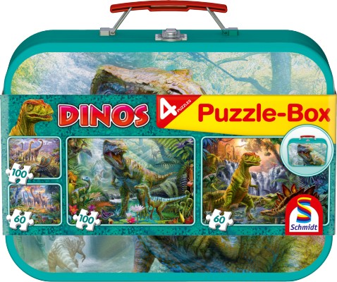 Dinoszauruszok puzzle box fémdobozban- 2x60 db és 2x100db-os