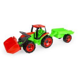   Nagy méretű traktor tolólappal, utánfutóval, zöld-piros Lena
